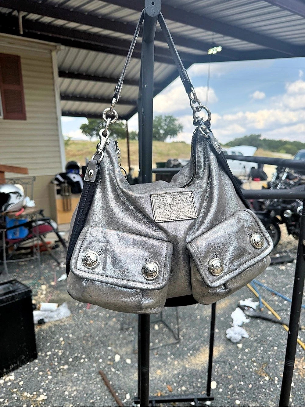 Coach Poppy Double Pocket Metallic Gray Shoulder Bag